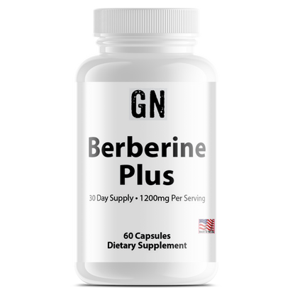 Supplement bottle labeled 'GN Berberine Plus' on a white background
