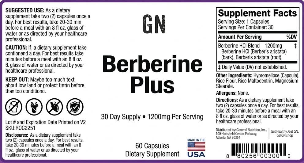 Supplement label for Berberine Plus with purple background and black text