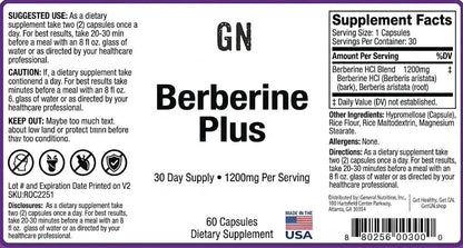 Supplement label for Berberine Plus with purple background and black text