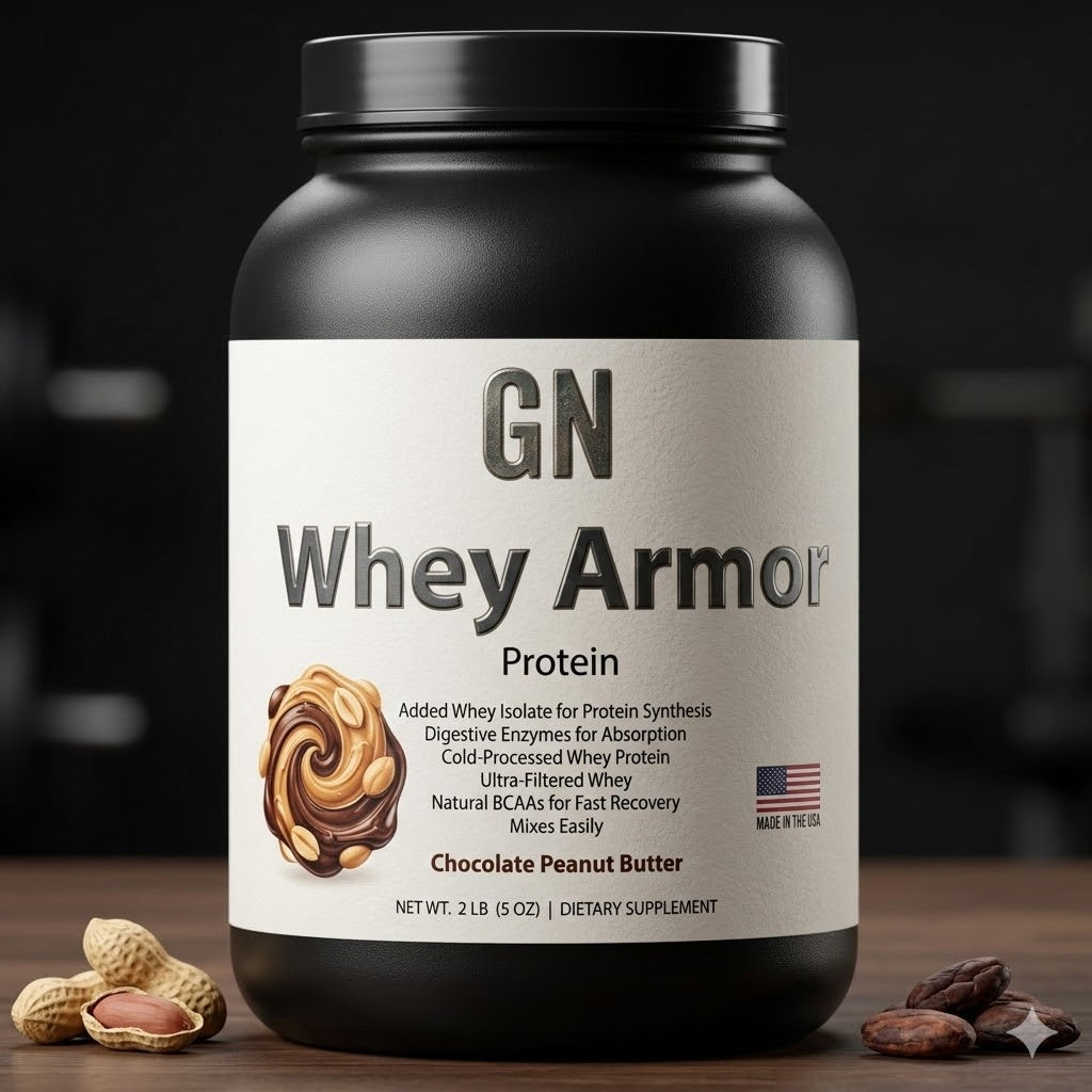 GN Whey Armor Protein container with chocolate peanut butter flavor on a dark background
