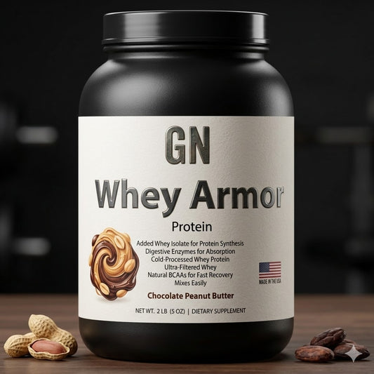 GN Whey Armor Protein container with chocolate peanut butter flavor on a dark background