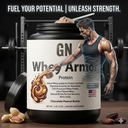 GN Whey Armor Protein container with a muscular man and gym equipment in the background