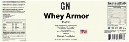 Whey protein supplement label with 'GN Whey Armor' branding on a white background