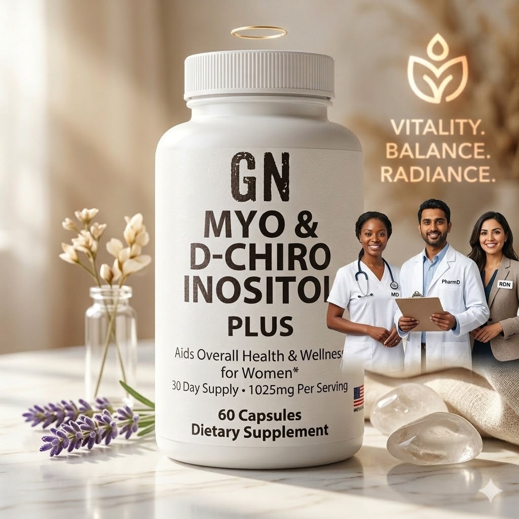 Supplement bottle labeled 'GN MYO & D-CHIRO INOSITOL PLUS' with medical professionals in the background.