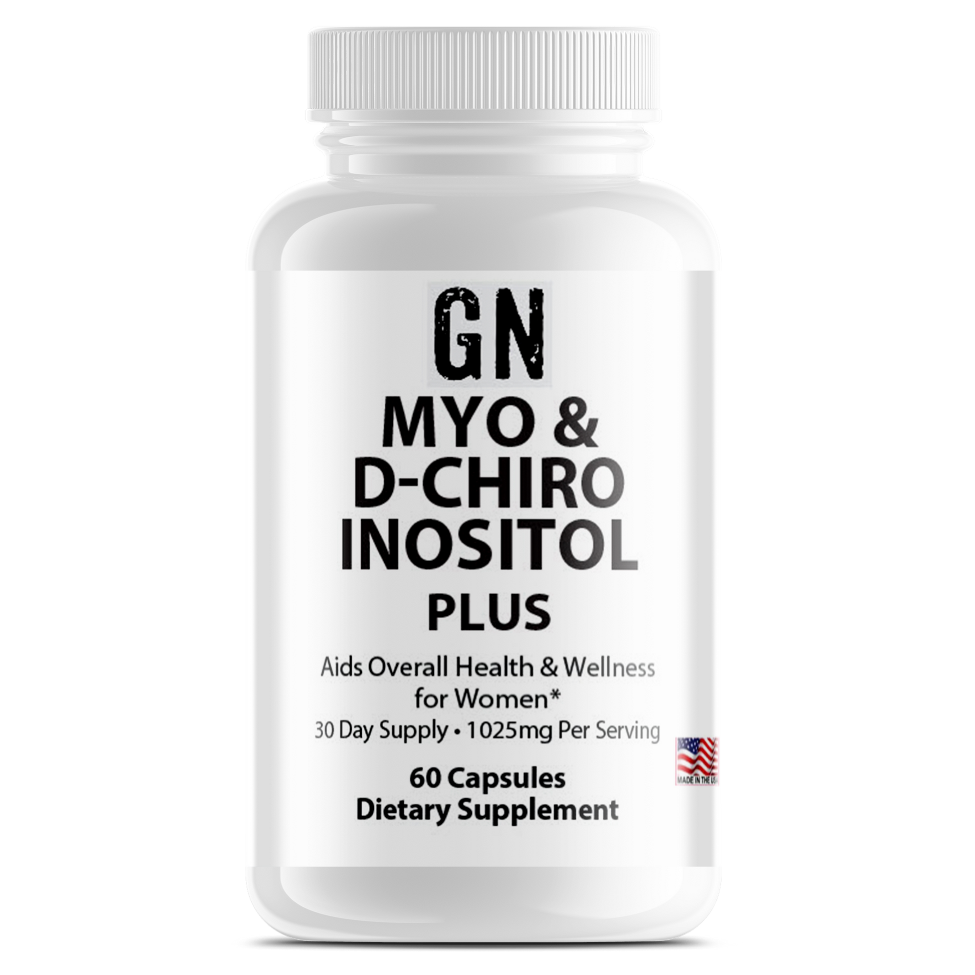 Supplement bottle labeled 'GN MYO & D-CHIRO INOSITOL PLUS' on a white background