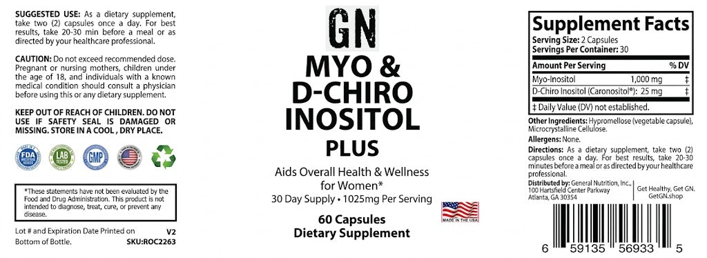 Supplement label for GN MYO & D-CHIRO INOSITOL PLUS dietary supplement with text and product details.