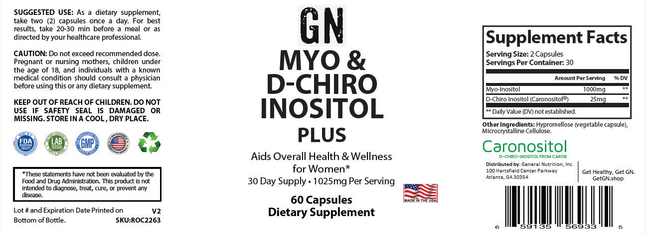 Supplement label for GN MYO & D-Chiro Inositol Plus dietary supplement with text and branding details.
