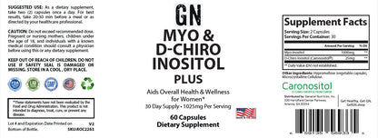 Supplement label for GN MYO & D-Chiro Inositol Plus dietary supplement with text and branding details.