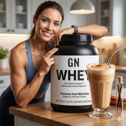 GN Cinnamon Swirl Milkshake with Model in kitchen and a full glass of milkshake