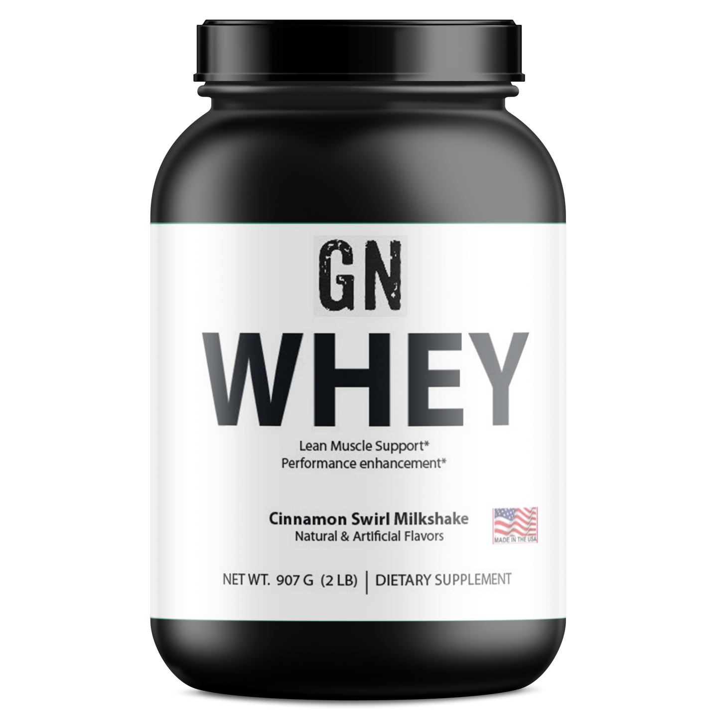 Black and white container of GN Whey protein powder on a white background