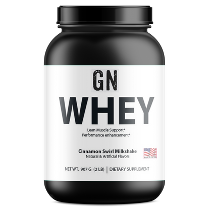 Black and white container of GN Whey protein powder on a white background