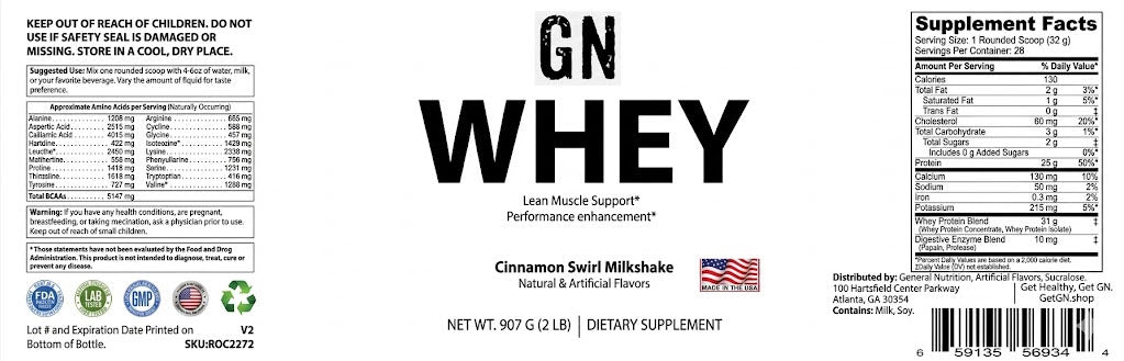 Label of GN Whey supplement with nutritional information and branding details.