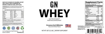 Label of GN Whey supplement with nutritional information and branding details.