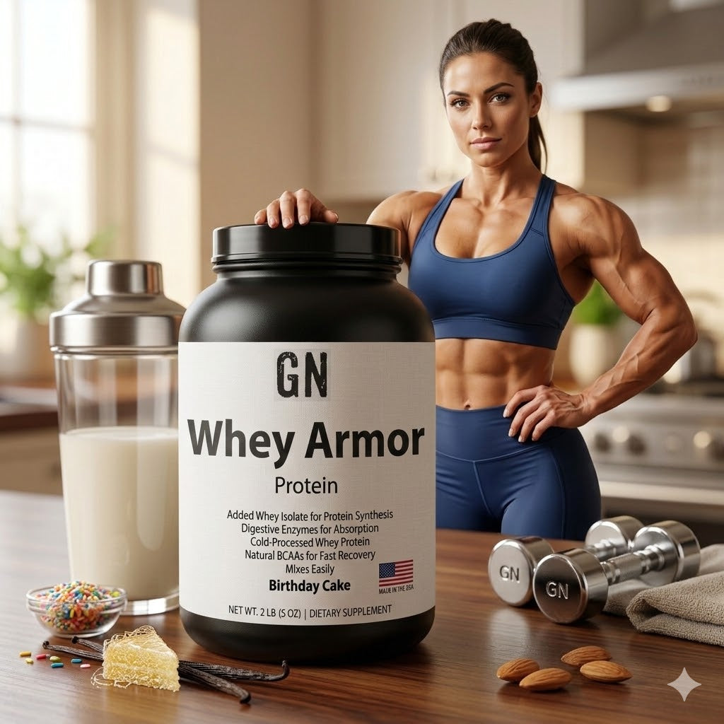 Woman in a kitchen with GN Whey Armor Protein, a shaker, and dumbbells.