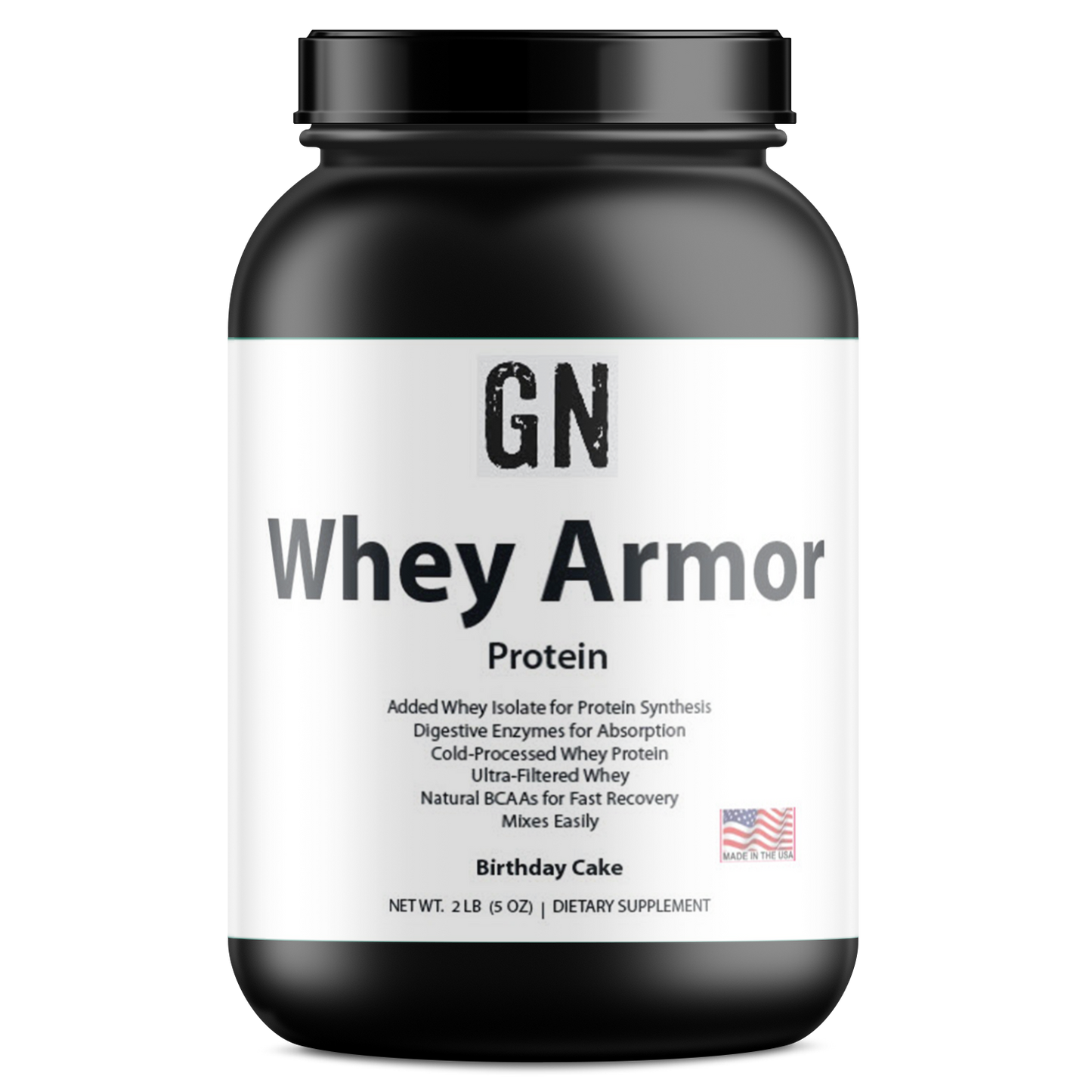 Whey protein supplement container labeled 'GN Whey Armor' on a white background