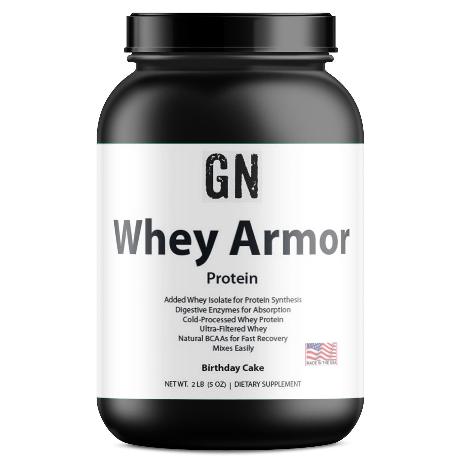 Whey protein supplement container labeled 'GN Whey Armor' on a white background