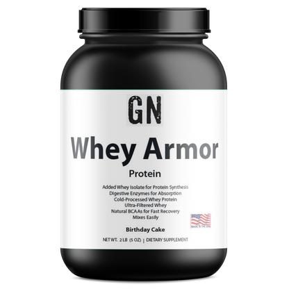 Whey protein supplement container labeled 'GN Whey Armor' on a white background