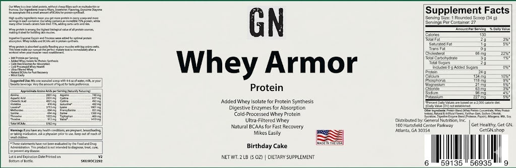 Label of GN Whey Armor Protein supplement with text and nutritional information.