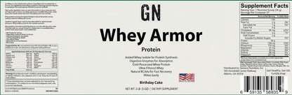 Label of GN Whey Armor Protein supplement with text and nutritional information.