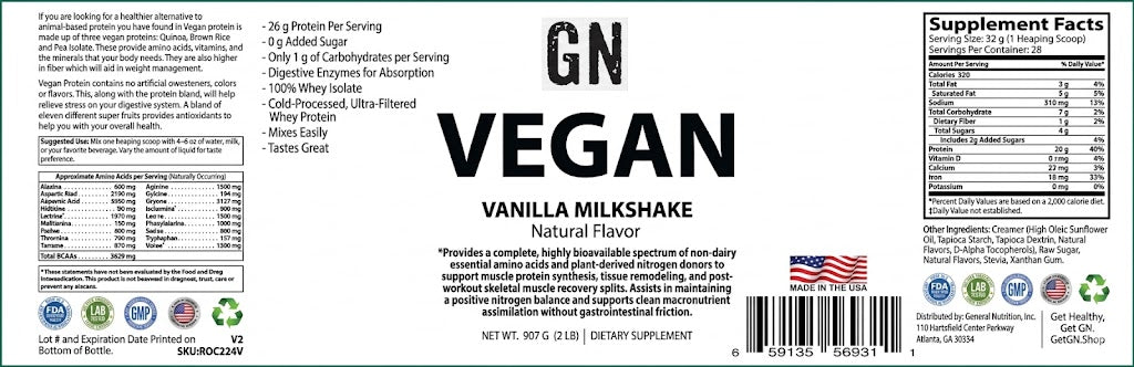 Vegan Vanilla Milkshake supplement label with nutritional information and certification logos.