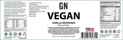 Vegan Vanilla Milkshake supplement label with nutritional information and certification logos.