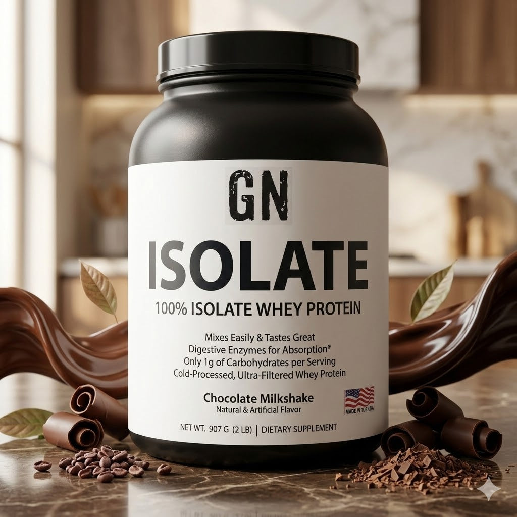 GN Isolate 100% Isolate Whey Protein container on a decorative surface with chocolate elements.
