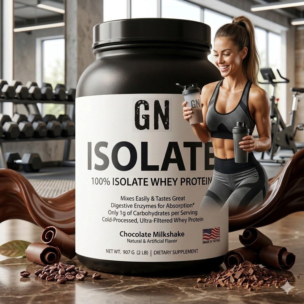 GN Isolate protein powder container with a woman holding a protein shaker in a gym setting
