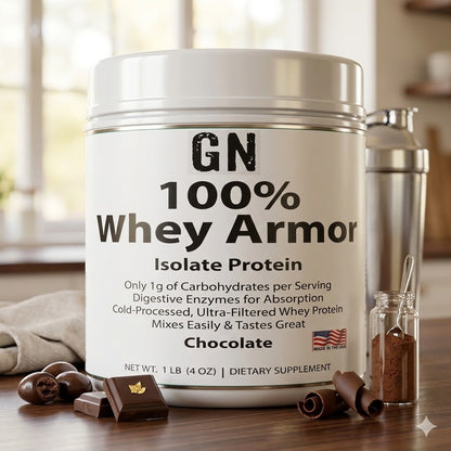 Container of GN 100% Whey Armor Isolate Protein on counter with chocolate 