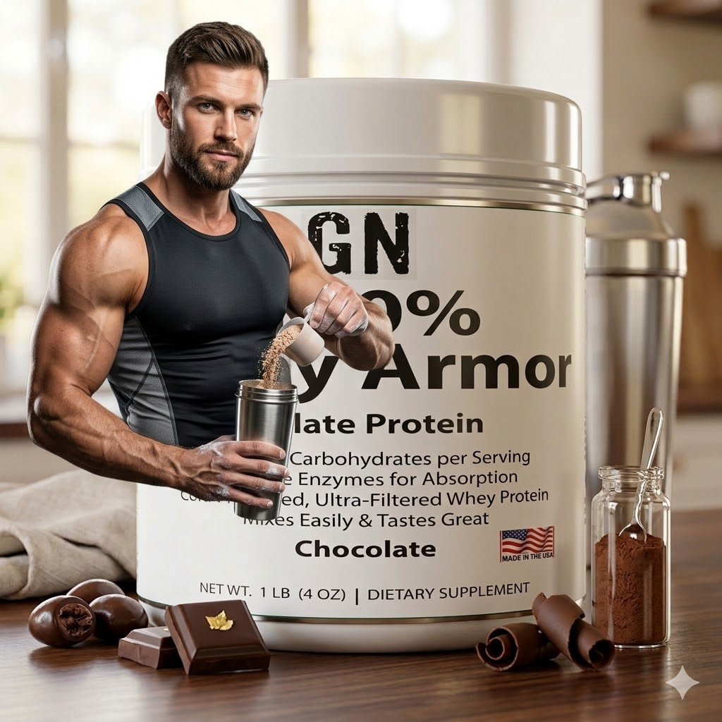 Container of GN 100% Whey Armor Isolate Protein on counter with chocolate and male strength model integrated