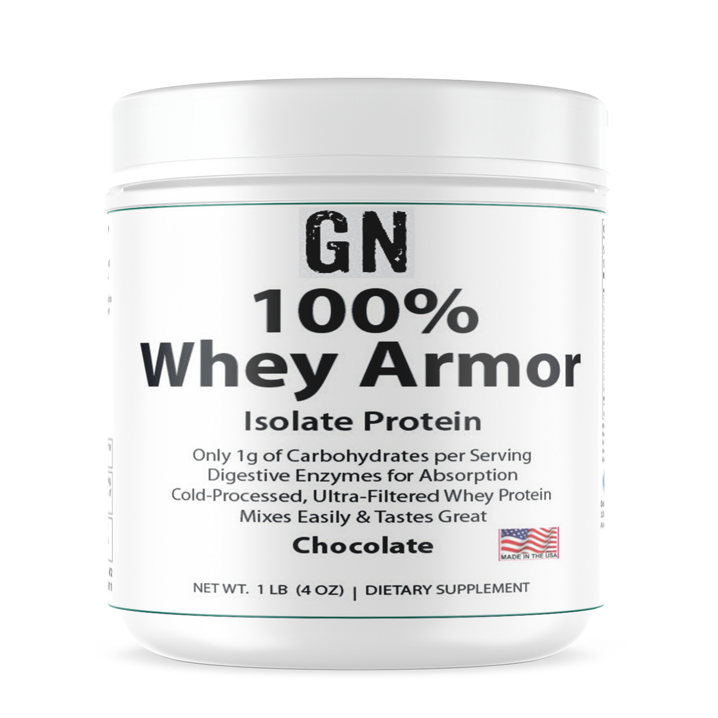 Container of GN 100% Whey Armor Isolate Protein on a white background