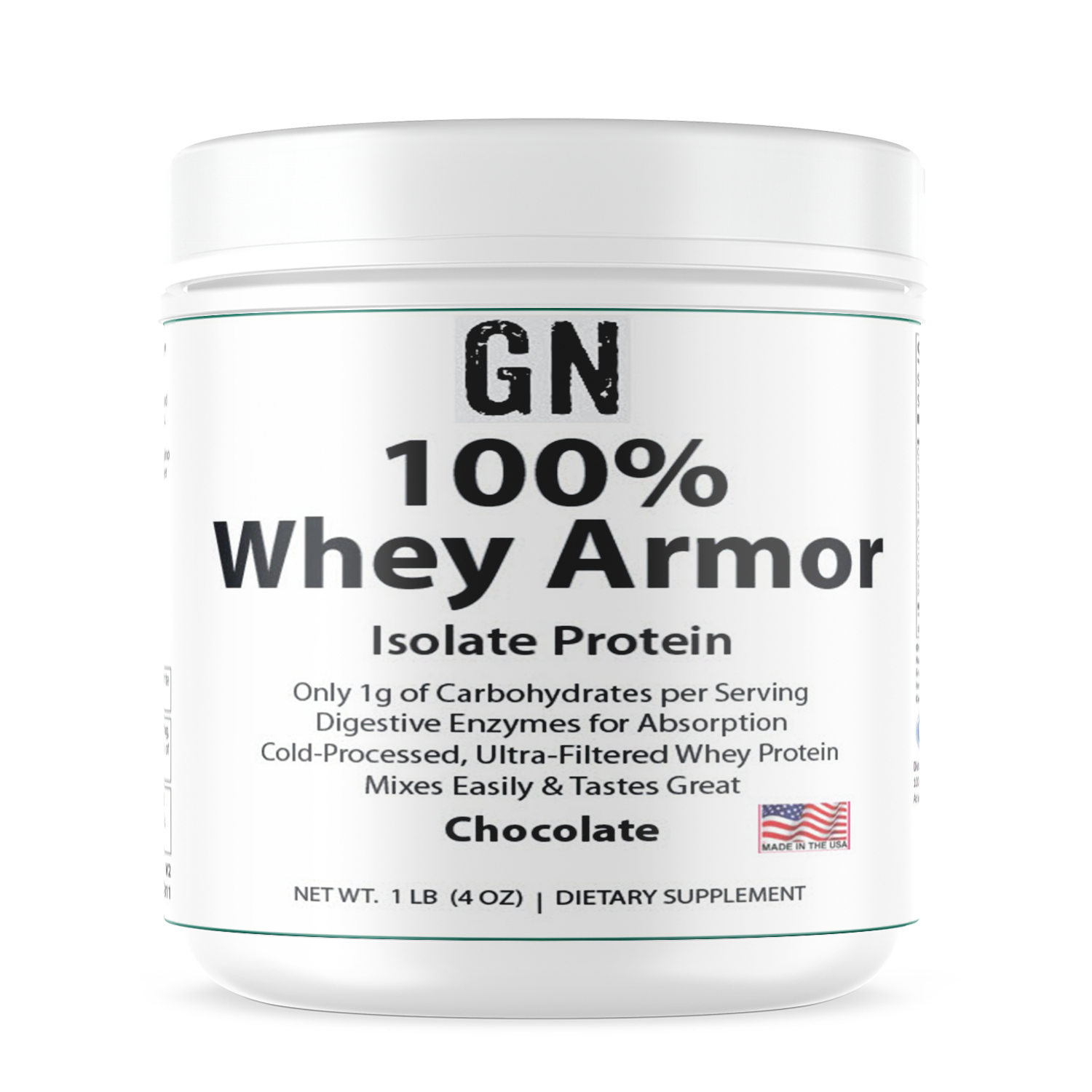 Container of GN 100% Whey Armor Isolate Protein on a white background