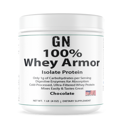 Container of GN 100% Whey Armor Isolate Protein on a white background