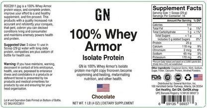 Label of GN 100% Whey Armor Isolate Protein packaging with supplement facts and nutritional information.
