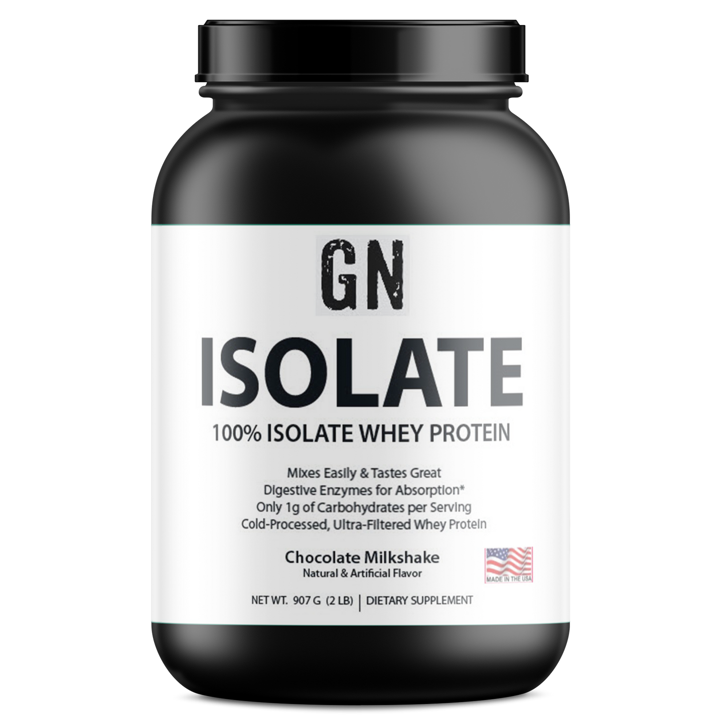 Black and white container of GN Whey Protein with label on a white background