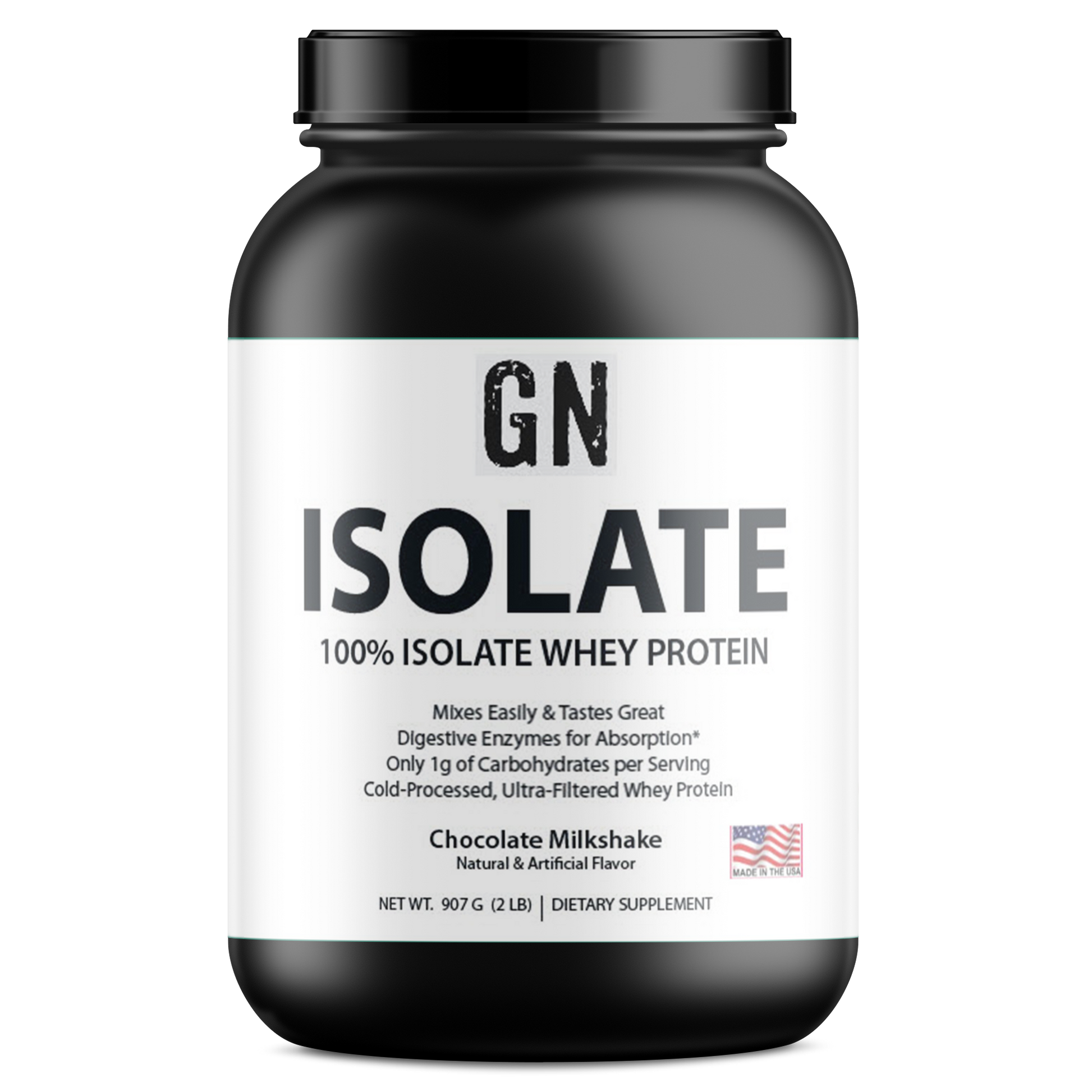 Black and white container of GN Whey Protein with label on a white background