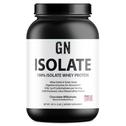 Black and white container of GN Whey Protein with label on a white background