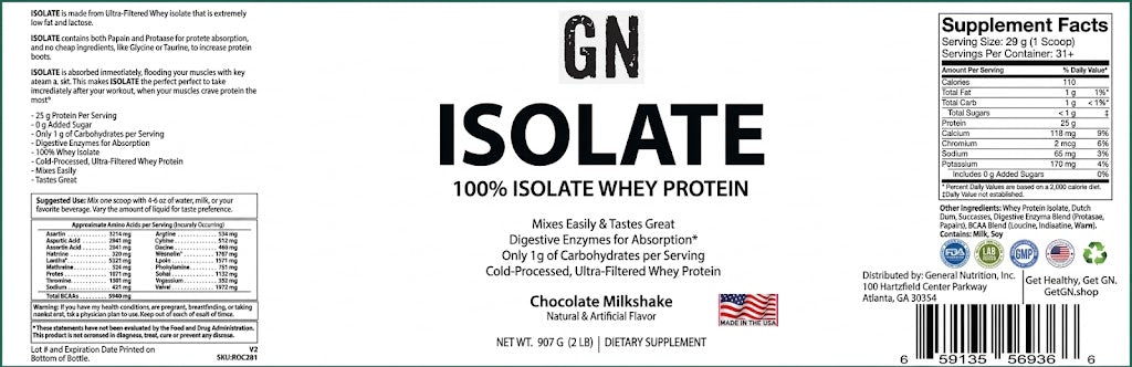 Isolate Whey Protein Chocolate Milkshake Supplement Label
