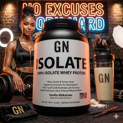 GN Isolate protein supplement with a woman and gym equipment in the background