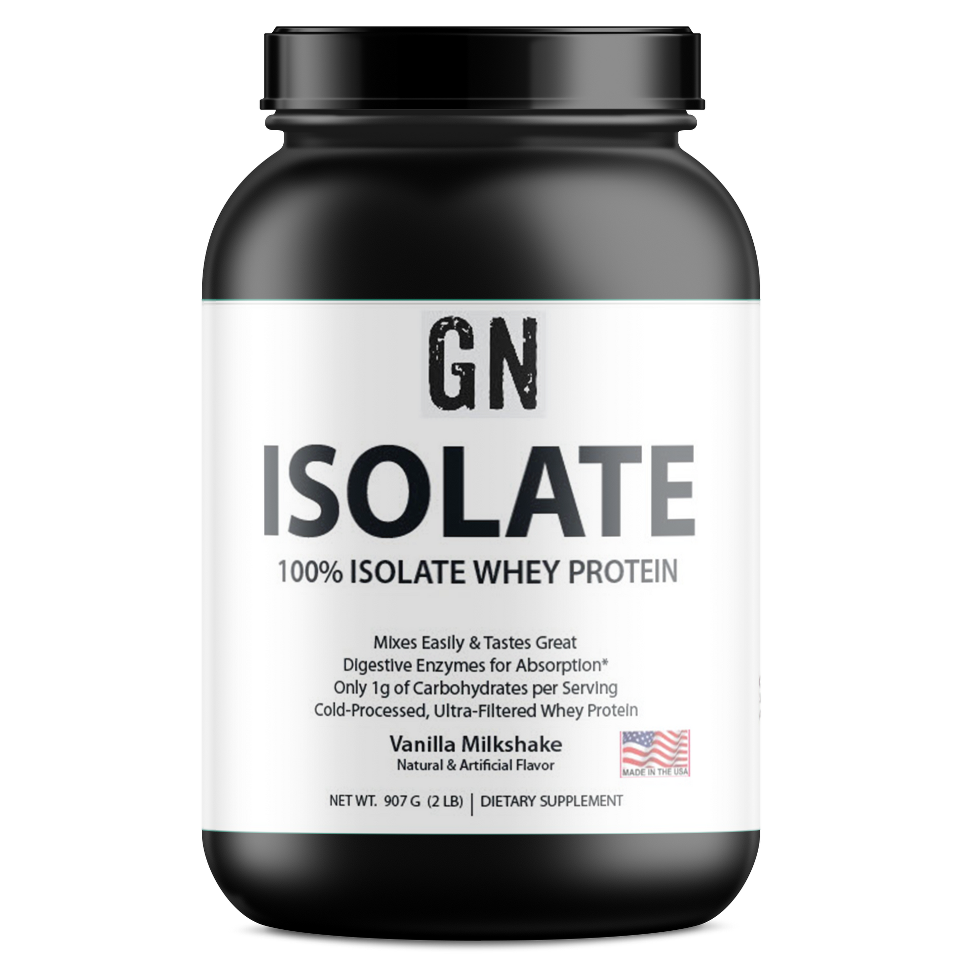 Black and white container of GN Whey Protein with label on a white background