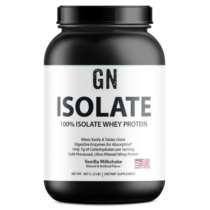 Black and white container of GN Whey Protein with label on a white background