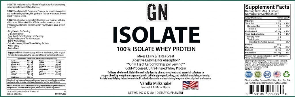 Label of GN Isolate 100% Isolate Whey Protein in Vanilla Milkshake flavor with supplement facts and branding.