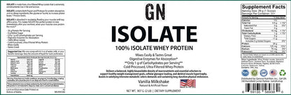 Label of GN Isolate 100% Isolate Whey Protein in Vanilla Milkshake flavor with supplement facts and branding.