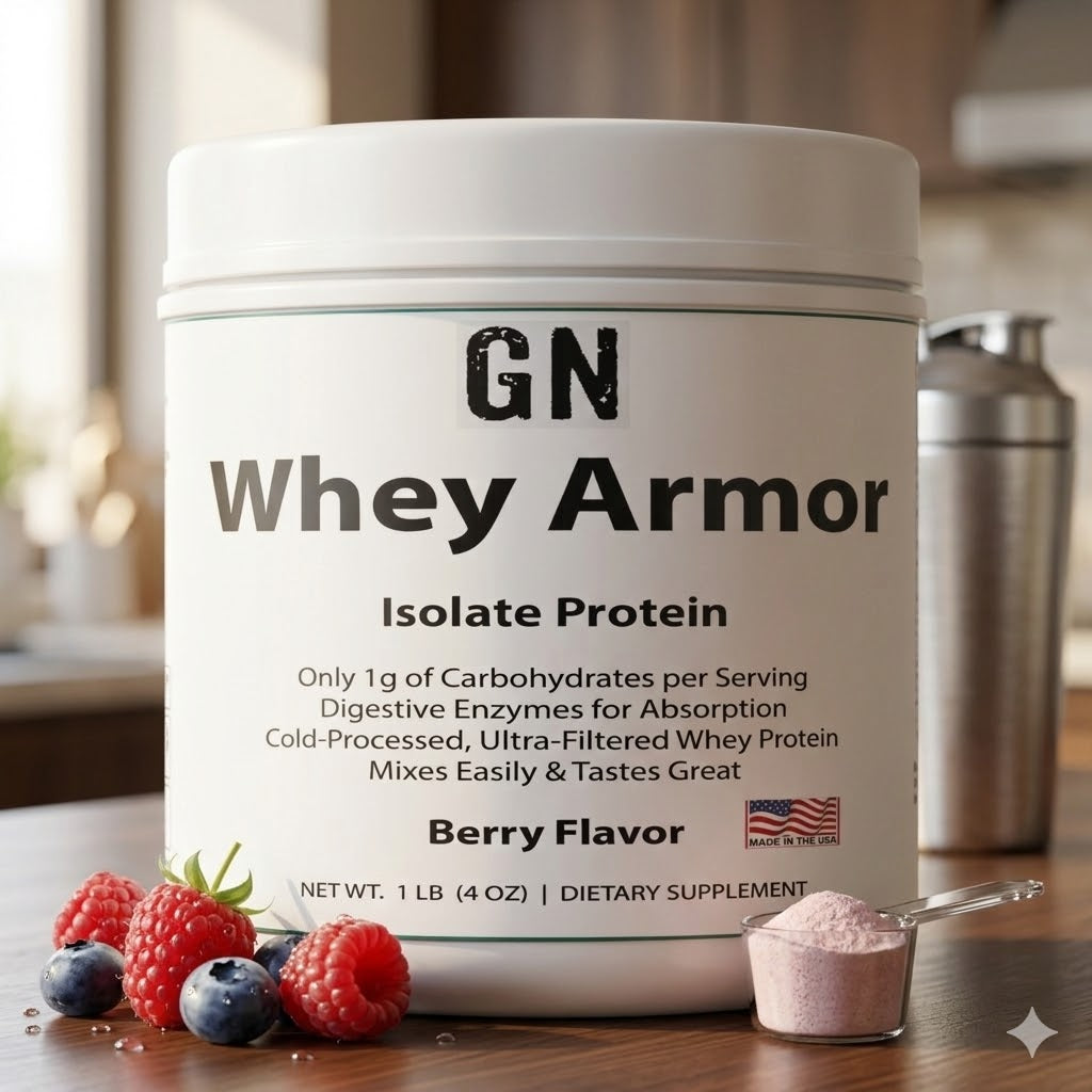 GN Whey Armor isolate protein powder container on a kitchen counter with fruit