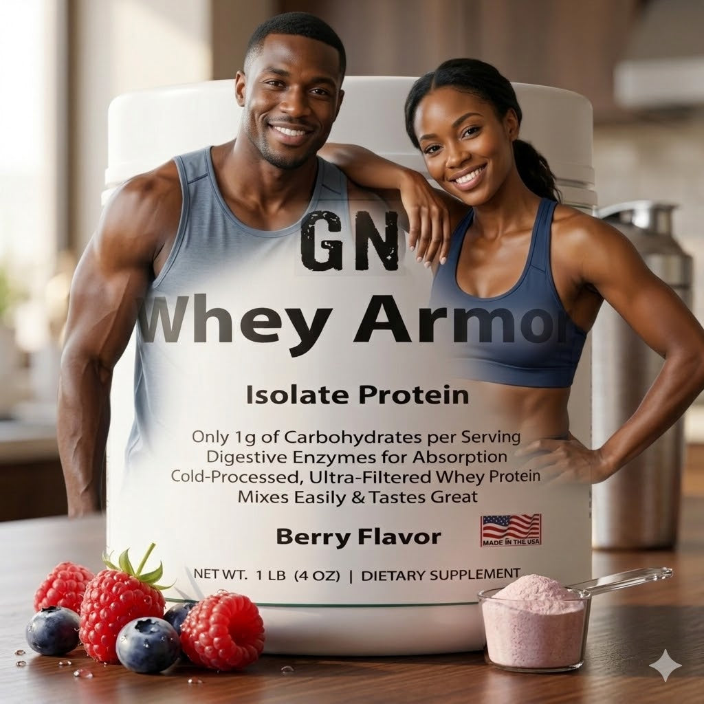 GN Whey Armor isolate protein powder container with model couple integrated in kitchen