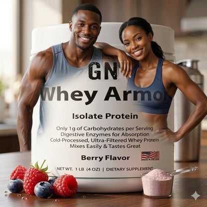 GN Whey Armor isolate protein powder container with model couple integrated in kitchen