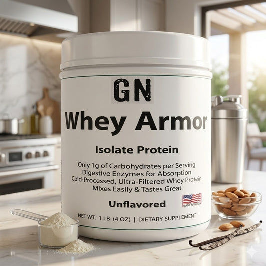 Container of GN Whey Armor Isolate Protein on kitchen counter