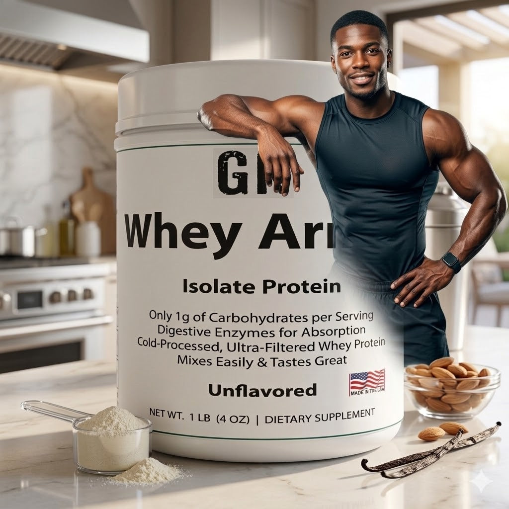 Container of GN Whey Armor Isolate Protein with male model integrated on kitchen counter