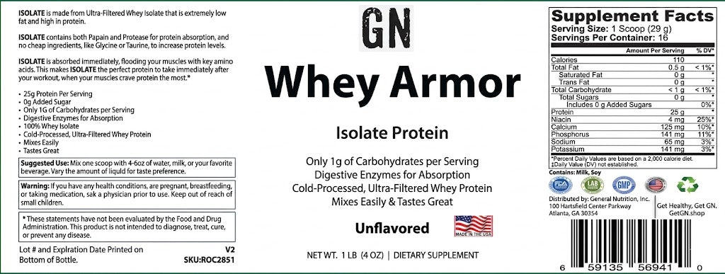 Whey protein isolate label with branding and nutritional information.