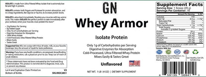 Whey protein isolate label with branding and nutritional information.