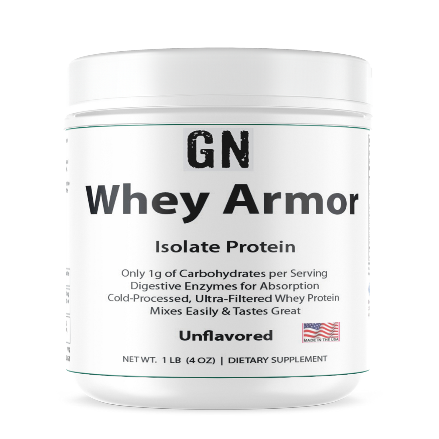 Container of GN Whey Armor Isolate Protein on a white background